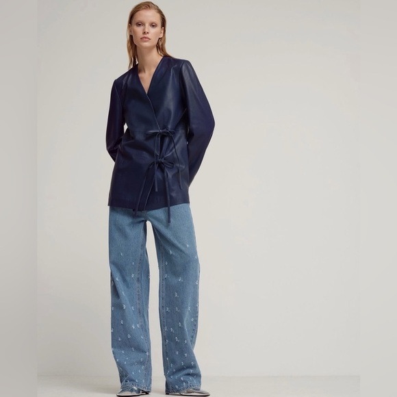 Day Birger Et Mikkelsen Jackets & Blazers - Scandinavian Quiet Luxury navy Blue Leather bow Wrap Jacket | 2NDDAY | EU 40